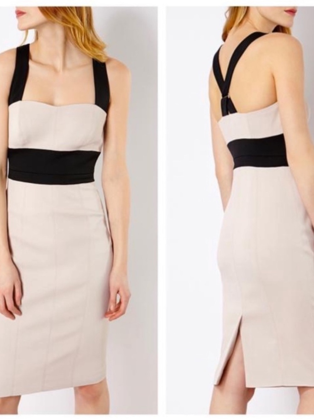 Karen Millen Beige Black Cross Over Midi Dress Size 10 NWT